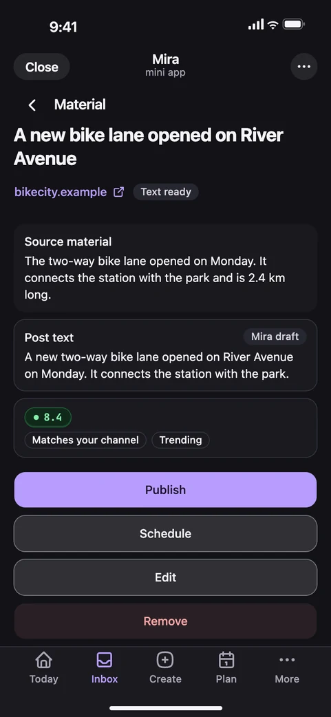 Mira Mini App: an item with its drafted post