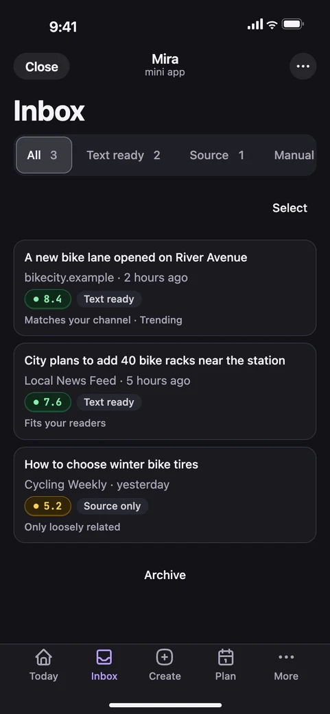 Mira Mini App: the Inbox with scored items