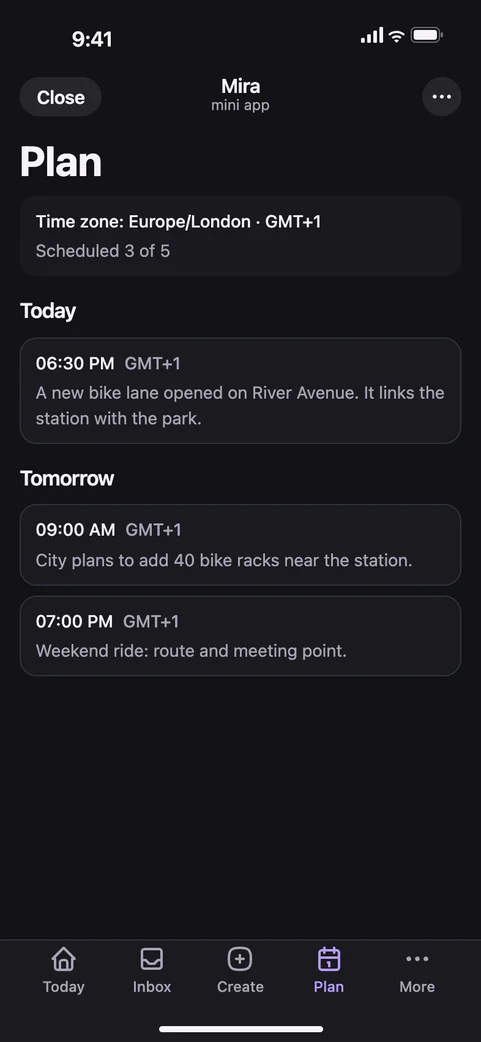 Mira Mini App: the Plan tab with posts scheduled by day