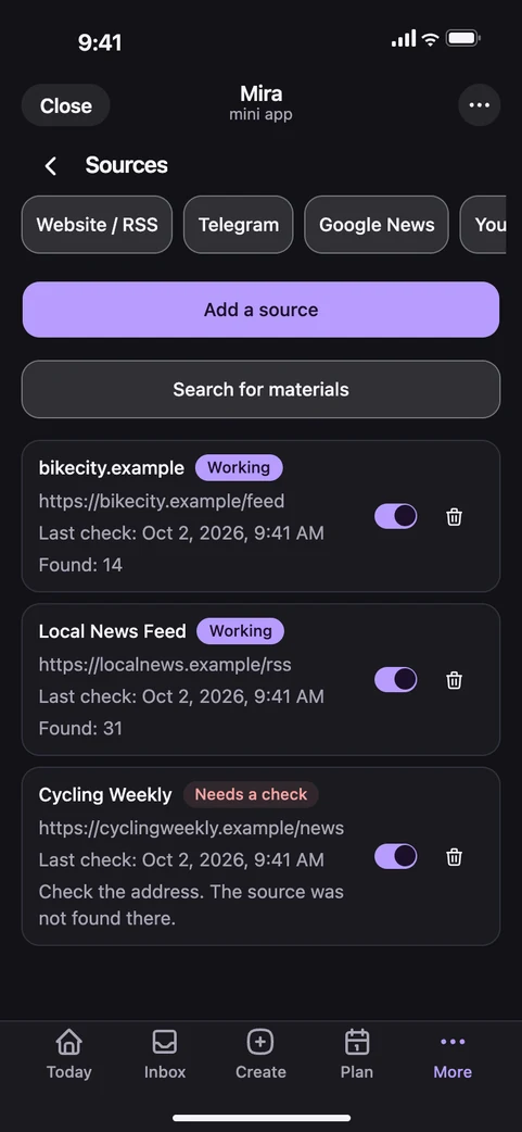 Mira Mini App: the Sources list with their status