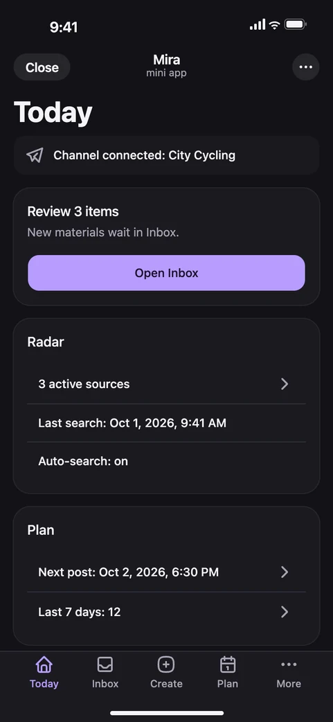 Mini App Mira: вкладка Today с материалами на разбор и радаром